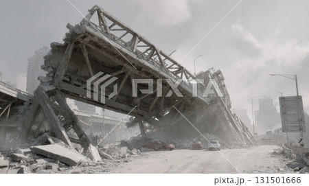 Collapsed Highway Bridge In Urban Area. Symbol Of Infrastructure Failure And Urban Decay Collapsed Highway Bridge In Urban Area. Symbol Of Infrastructure Failure And Urban Decay 131501666