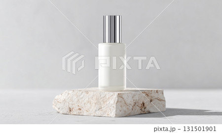 Minimalist Perfume Bottle On Stone Pedestal With Neutral Background. Elegant Fragrance Packaging Design Minimalist Perfume Bottle On Stone Pedestal With Neutral Background. Elegant Fragrance Packaging Design 131501901