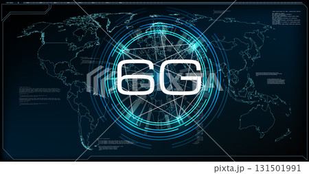 A digital map showcasing the concept of 6G technology with network connections highlighted around the globe. This design illustrates the future of high-speed communication. 131501991
