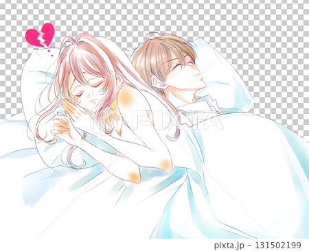 Woman sad about distance from partner, tears, bed 131502199