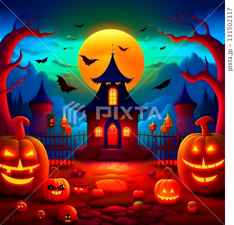 Happy Halloween holiday concept. Halloween background with moon, bats and mystical house at night Happy Halloween holiday concept. Halloween background with moon, bats and mystical house at night 131502317
