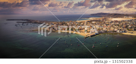 The city of Sal Rei and its old color city at sunset 131502338