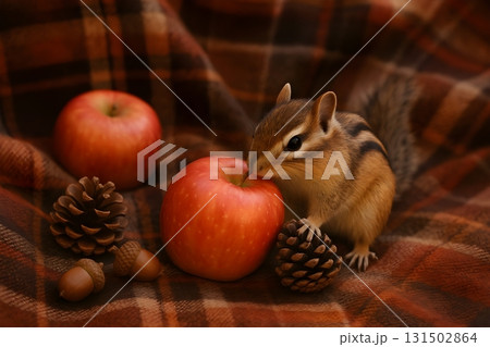 Chipmunk nibbling a red apple on a plaid blanket with pinecones and acorns. 131502864