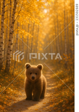 Cute brown bear cub standing on a forest path among golden autumn birches 131502889