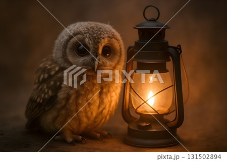 Young owl beside a glowing vintage lantern, warm night light casting soft amber glow 131502894