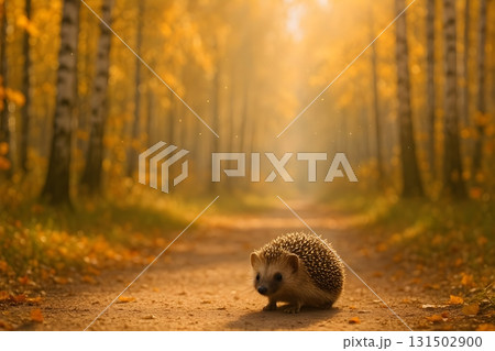 Cute hedgehog on a sunlit forest path in autumn, surrounded by golden birch trees and soft bokeh. Cute hedgehog on a sunlit forest path in autumn, surrounded by golden birch trees and soft bokeh. 131502900