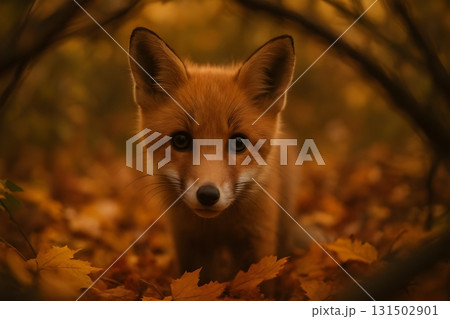 A curious fox kit amidst autumn leaves, captured in a close-up portrait with warm tones. A curious fox kit amidst autumn leaves, captured in a close-up portrait with warm tones. 131502901