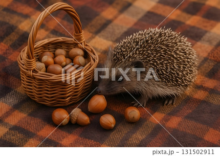 Prickly hedgehog sniffing hazelnuts beside a wicker basket on a plaid blanket 131502911