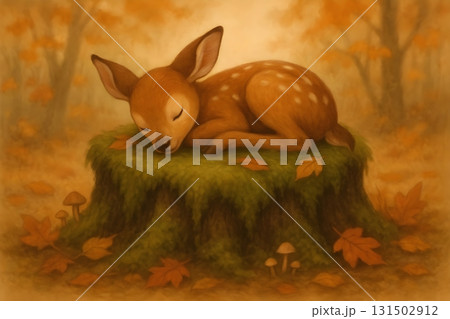 Sleeping fawn curled on a mossy tree stump amid golden leaves, soft glow 131502912