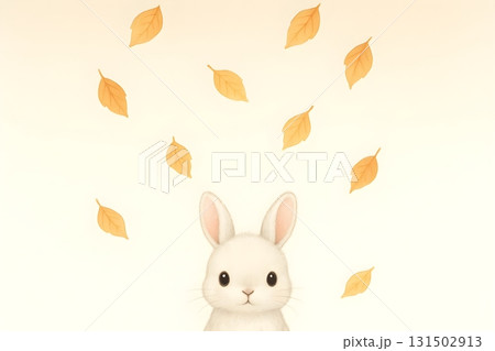 Cute white bunny peeking up as golden leaves fall on a clean light background 131502913