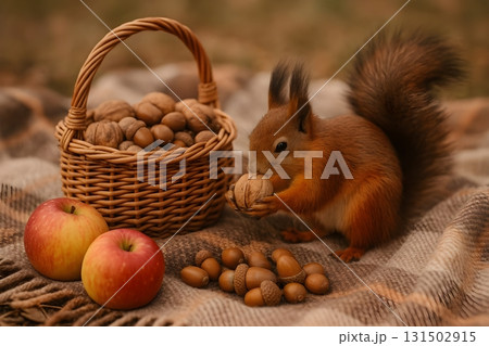 Red squirrel holding a walnut beside a wicker basket of nuts, acorns and apples on a plaid blanket 131502915