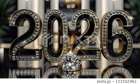Luxurious numbers 2026, decorated with diamonds and gold, with a large sparkling diamond ring, in an elegant and glamorous setting, perfect for New Year's holidays, jewelry shopping or engagements 131502962