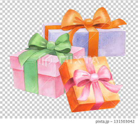 Watercolor gift boxes with a silk ribbons. Watercolor illustration. For fabric, wallpaper, packing paper, greeting cards, design, decoration and illustration. Watercolor gift boxes with a silk ribbons. Watercolor illustration. For fabric, wallpaper, packing paper, greeting cards, design, decoration and illustration. 131503042