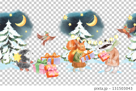 Seamless border of forest animals, christmas tree and gifts. Watercolor illustration. For fabric, wallpaper, packing paper, greeting cards, design, decoration and illustration. Seamless border of forest animals, christmas tree and gifts. Watercolor illustration. For fabric, wallpaper, packing paper, greeting cards, design, decoration and illustration. 131503043