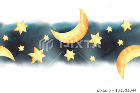 Seamless border of stars and moon on a navy watercolor night sky. Watercolor illustration. For fabric, wallpaper, packing paper, greeting cards, design, decoration and illustration. 131503044