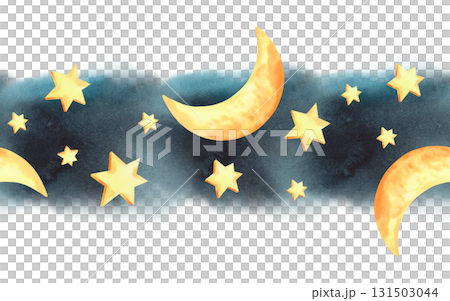 Seamless border of stars and moon on a navy watercolor night sky. Watercolor illustration. For fabric, wallpaper, packing paper, greeting cards, design, decoration and illustration. Seamless border of stars and moon on a navy watercolor night sky. Watercolor illustration. For fabric, wallpaper, packing paper, greeting cards, design, decoration and illustration. 131503044