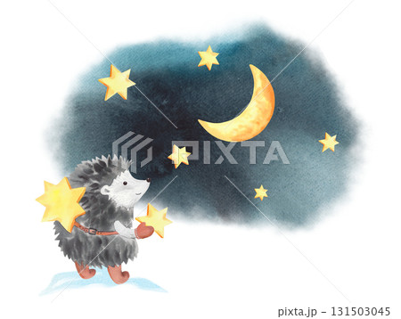 Hedgehog decorates the sky with stars. Watercolor illustration. For fabric, wallpaper, packing paper, greeting cards, design, decoration and illustration. Hedgehog decorates the sky with stars. Watercolor illustration. For fabric, wallpaper, packing paper, greeting cards, design, decoration and illustration. 131503045