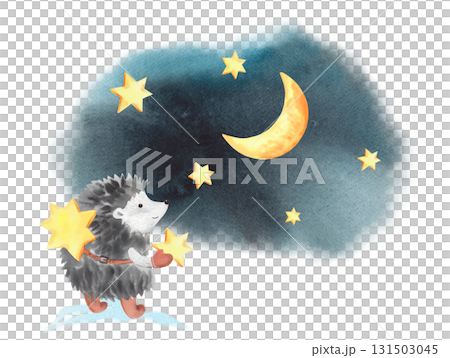 Hedgehog decorates the sky with stars. Watercolor illustration. For fabric, wallpaper, packing paper, greeting cards, design, decoration and illustration. Hedgehog decorates the sky with stars. Watercolor illustration. For fabric, wallpaper, packing paper, greeting cards, design, decoration and illustration. 131503045
