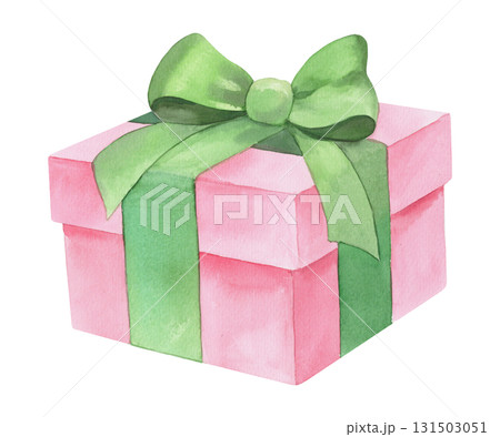 Watercolor gift box with a silk ribbon. Watercolor illustration. For fabric, wallpaper, packing paper, greeting cards, design, decoration and illustration. 131503051