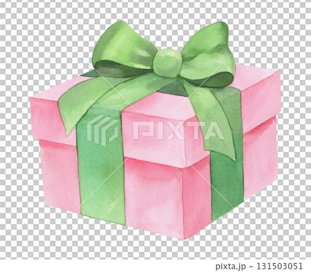 Watercolor gift box with a silk ribbon. Watercolor illustration. For fabric, wallpaper, packing paper, greeting cards, design, decoration and illustration. 131503051