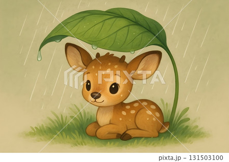 A delicate baby fawn seeks refuge from the rain under a large, verdant leaf. 131503100
