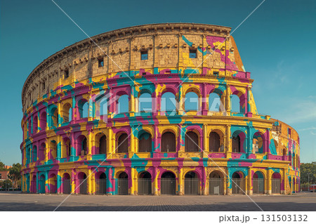 Colosseum transformed with vibrant pop art in Rome during a sunny day 131503132
