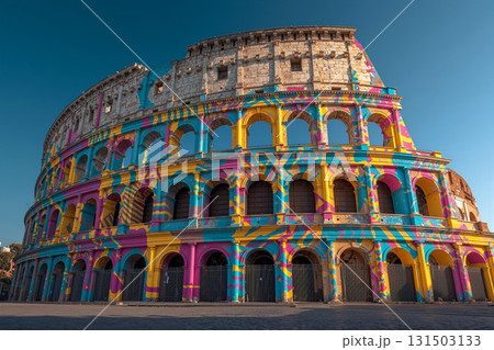 Colosseum transformed into a vibrant pop art masterpiece showcasing bold colors and patterns in Rome Colosseum transformed into a vibrant pop art masterpiece showcasing bold colors and patterns in Rome 131503133