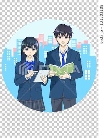 動漫風格的插圖,男女高中生或國中生拿著平板電腦和書籍,城市景觀背景,圓形 動漫風格的插圖,男女高中生或國中生拿著平板電腦和書籍,城市景觀背景,圓形 131503188