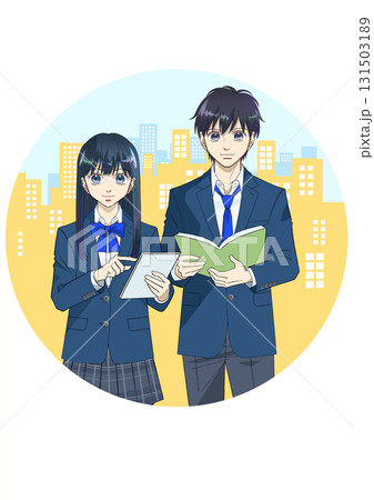 タブレットと本を持つ高校生または中学生の男女のアニメ風イラスト、街並み背景、丸型 タブレットと本を持つ高校生または中学生の男女のアニメ風イラスト、街並み背景、丸型 131503189
