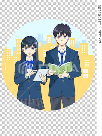 Anime-style illustration of male and female high school or junior high school students holding tablets and books, cityscape background, round Anime-style illustration of male and female high school or junior high school students holding tablets and books, cityscape background, round 131503189