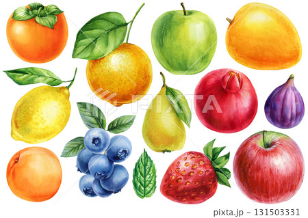 Watercolor Fruits Collection. Apple Pear Lemon Orange Mango Pomegranate and Persimmon. Fig, Peach, Strawberry Blueberry Clipart Watercolor Fruits Collection. Apple Pear Lemon Orange Mango Pomegranate and Persimmon. Fig, Peach, Strawberry Blueberry Clipart 131503331