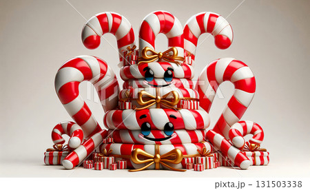 Smiling candy canes stacked like Christmas fences Smiling candy canes stacked like Christmas fences 131503338