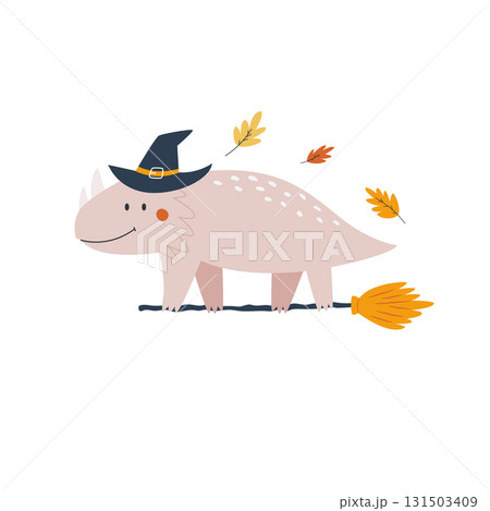 Halloween Triceratops Dinosaur Illustration, Spooky Dino on a Witch Broom Halloween Triceratops Dinosaur Illustration, Spooky Dino on a Witch Broom 131503409