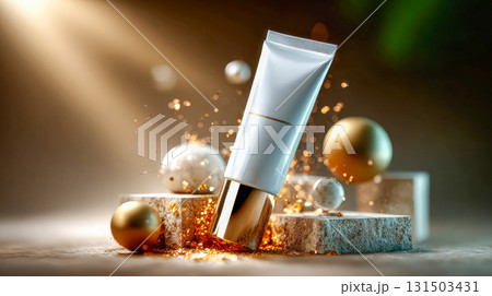 A luxury cosmetic tube with golden accents displayed among textured stones and warm lightin 131503431