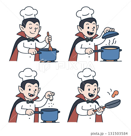 Vampire chef cooking in kitchen, stirring pot, adding spice, flipping food, cartoon style 131503584