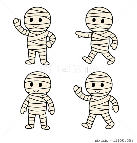 Cartoon mummy character, cute, happy, waving, walking, simple line art, white background Cartoon mummy character, cute, happy, waving, walking, simple line art, white background 131503588