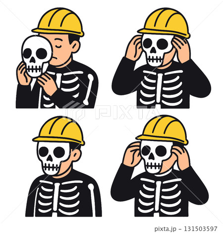 Skeleton costume worker wearing yellow helmet, putting skull mask, cartoon illustration 131503597