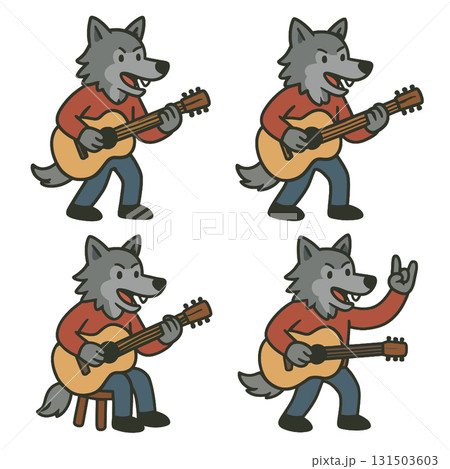 Cartoon wolf guitar music standing sitting happy playful animal character illustration 131503603