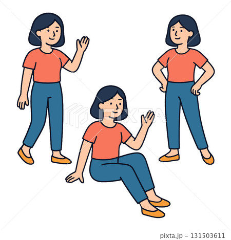 Woman cartoon standing sitting waving smiling casual blue pants red shirt illustration Woman cartoon standing sitting waving smiling casual blue pants red shirt illustration 131503611