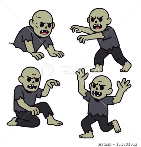 Cartoon zombie character, bald, green skin, black shirt, angry expression, various poses Cartoon zombie character, bald, green skin, black shirt, angry expression, various poses 131503612