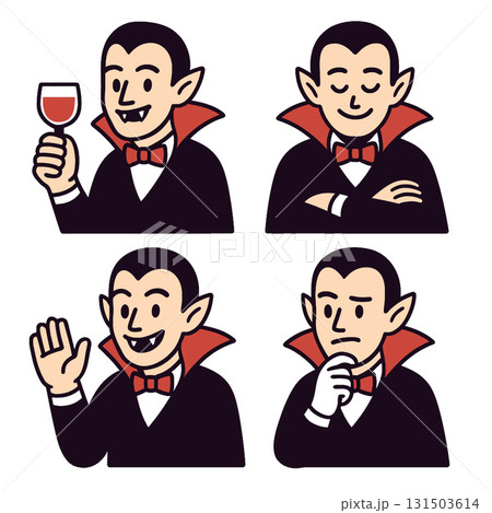 Vampire cartoon character with wine glass, folded arms, waving, and thinking expressions Vampire cartoon character with wine glass, folded arms, waving, and thinking expressions 131503614