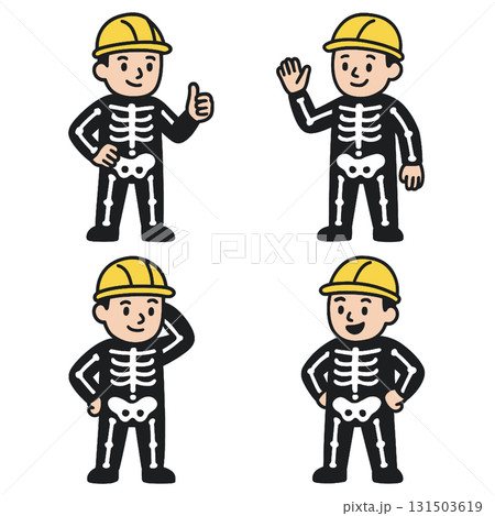 Cartoon construction worker in skeleton costume, yellow helmet, various cheerful poses 131503619