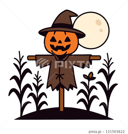 Pumpkin scarecrow witch hat full moon cornfield Halloween spooky autumn night Pumpkin scarecrow witch hat full moon cornfield Halloween spooky autumn night 131503622