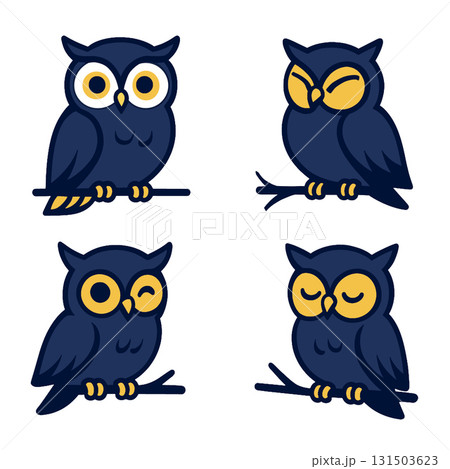 Cute cartoon owl set, blue and yellow, sitting on branch, with different facial expressions 131503623