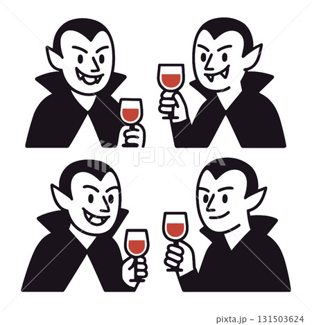 Vampire cartoon character holding wine glass, smiling, with fangs and black cape, cheerful mood Vampire cartoon character holding wine glass, smiling, with fangs and black cape, cheerful mood 131503624