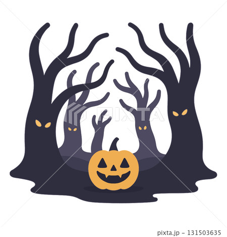 Spooky tree pumpkin Halloween dark forest glowing eyes eerie night illustration Spooky tree pumpkin Halloween dark forest glowing eyes eerie night illustration 131503635