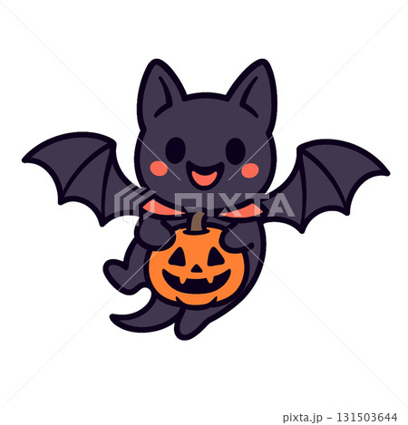 Cute bat cartoon Halloween pumpkin smiling flying orange black festive joyful 131503644