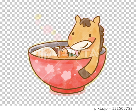 Watercolor illustration of a smiling horse character in ozoni New Year's card design 131503752