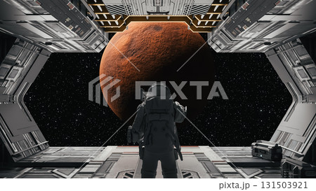 Astronaut observing mars from spaceship bay window: space exploration and colonization concept. 3d render 131503921