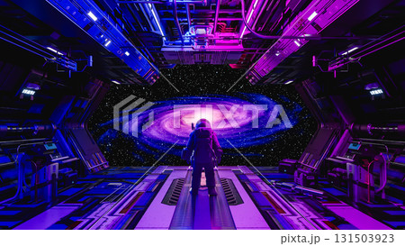 Astronaut observing spiral galaxy from futuristic spaceship bay. 3d render 131503923